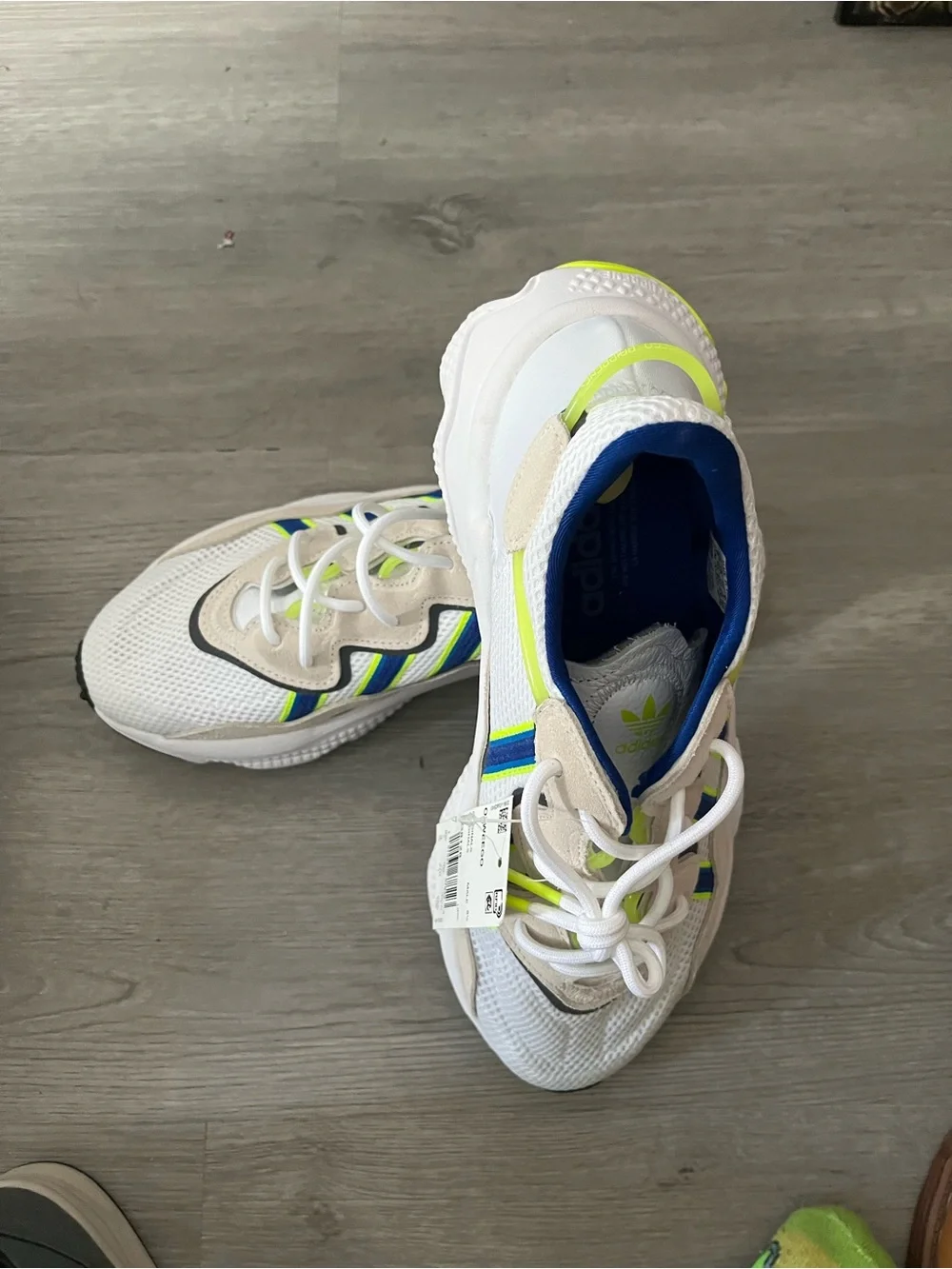 adidas men’s White Sneakers with Blue & Neon Yellow Accents